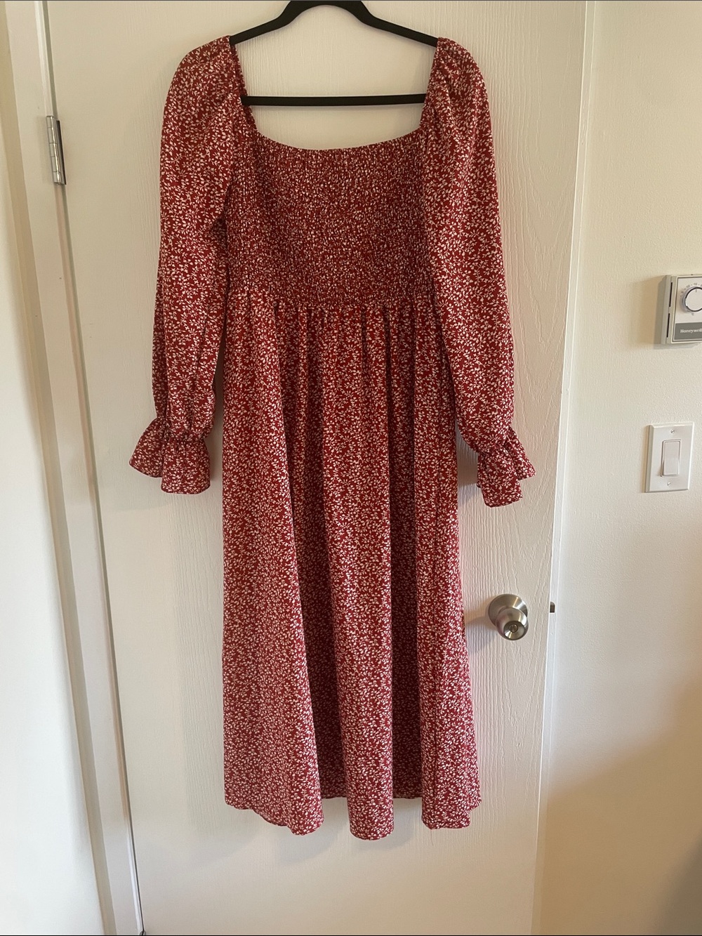 SHEIN Red Floral Long Sleeve Midi Dress